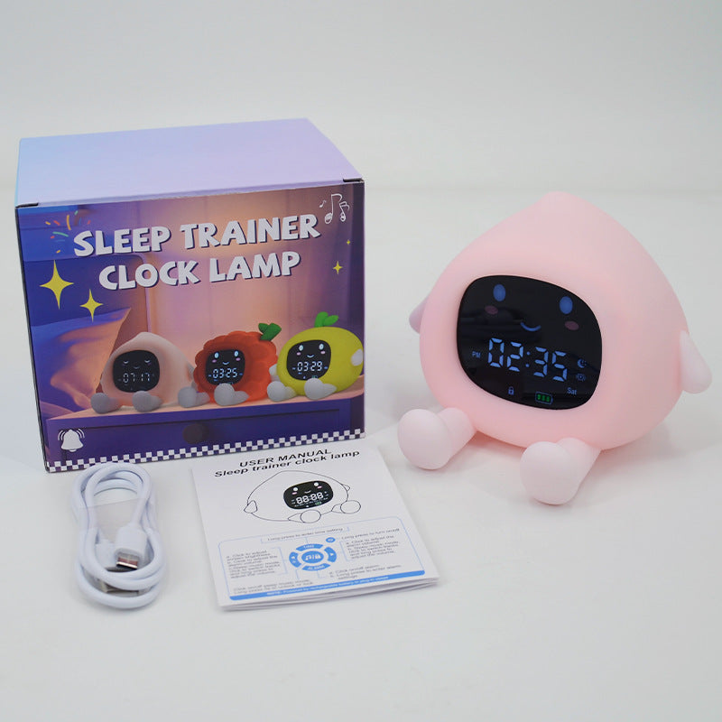 Creative Fruit Alarm Clock Night Light with Original Silicone Phone Holder, Bedside Ambient Lamp with Color Changing Timer
