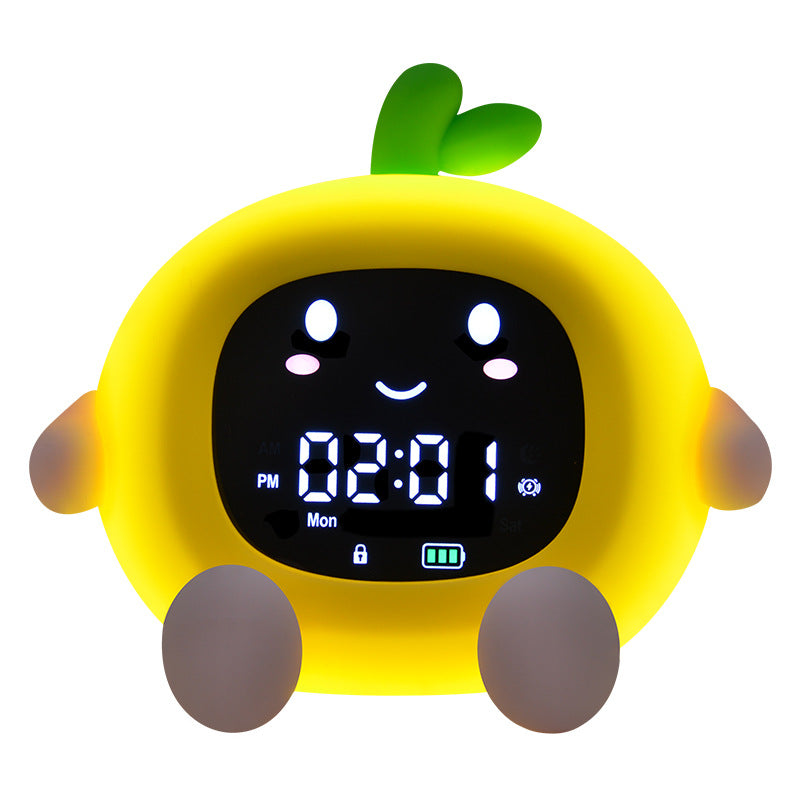Creative Fruit Alarm Clock Night Light with Original Silicone Phone Holder, Bedside Ambient Lamp with Color Changing Timer